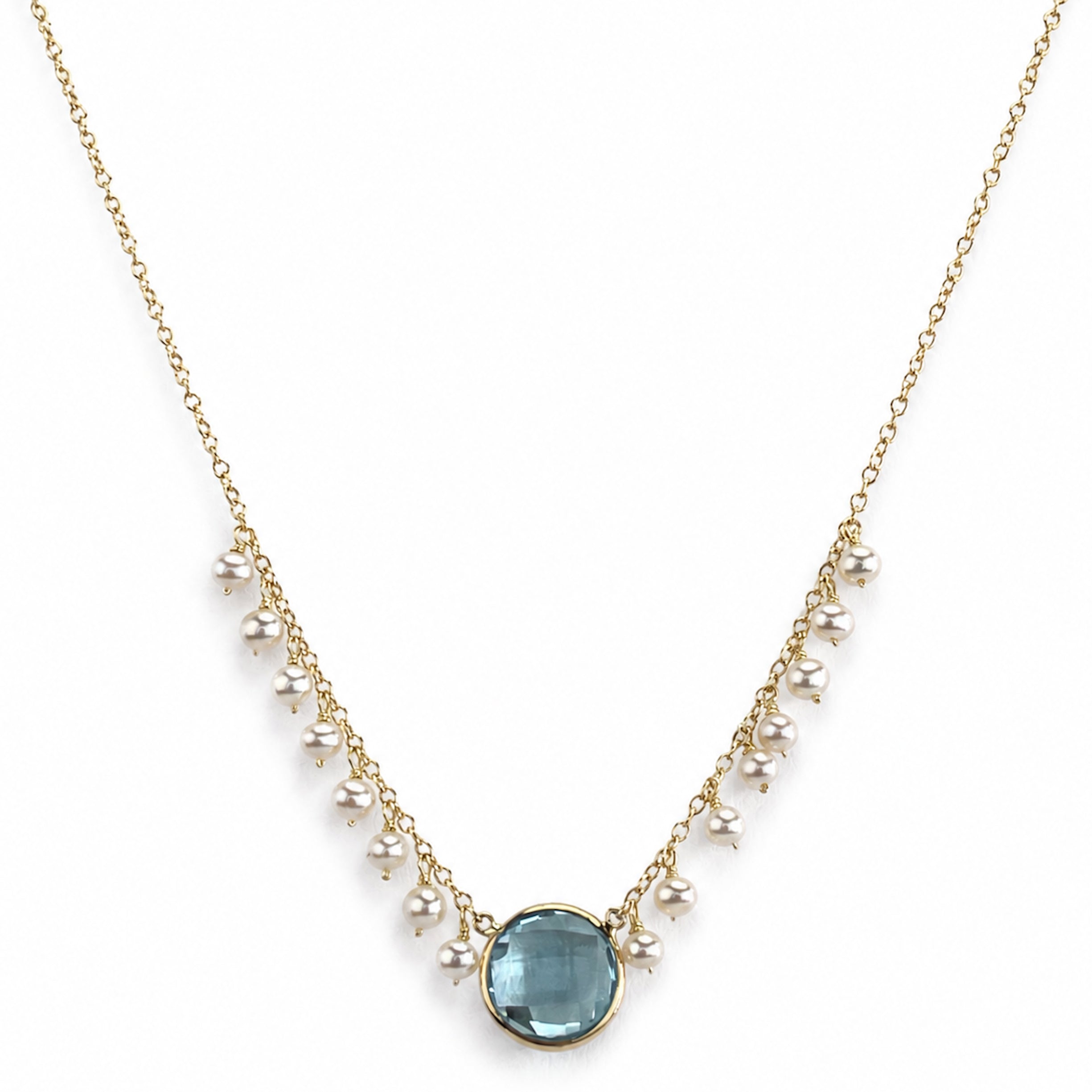 14k White Pearl & Blue Topaz Round Center Cluster Necklace
