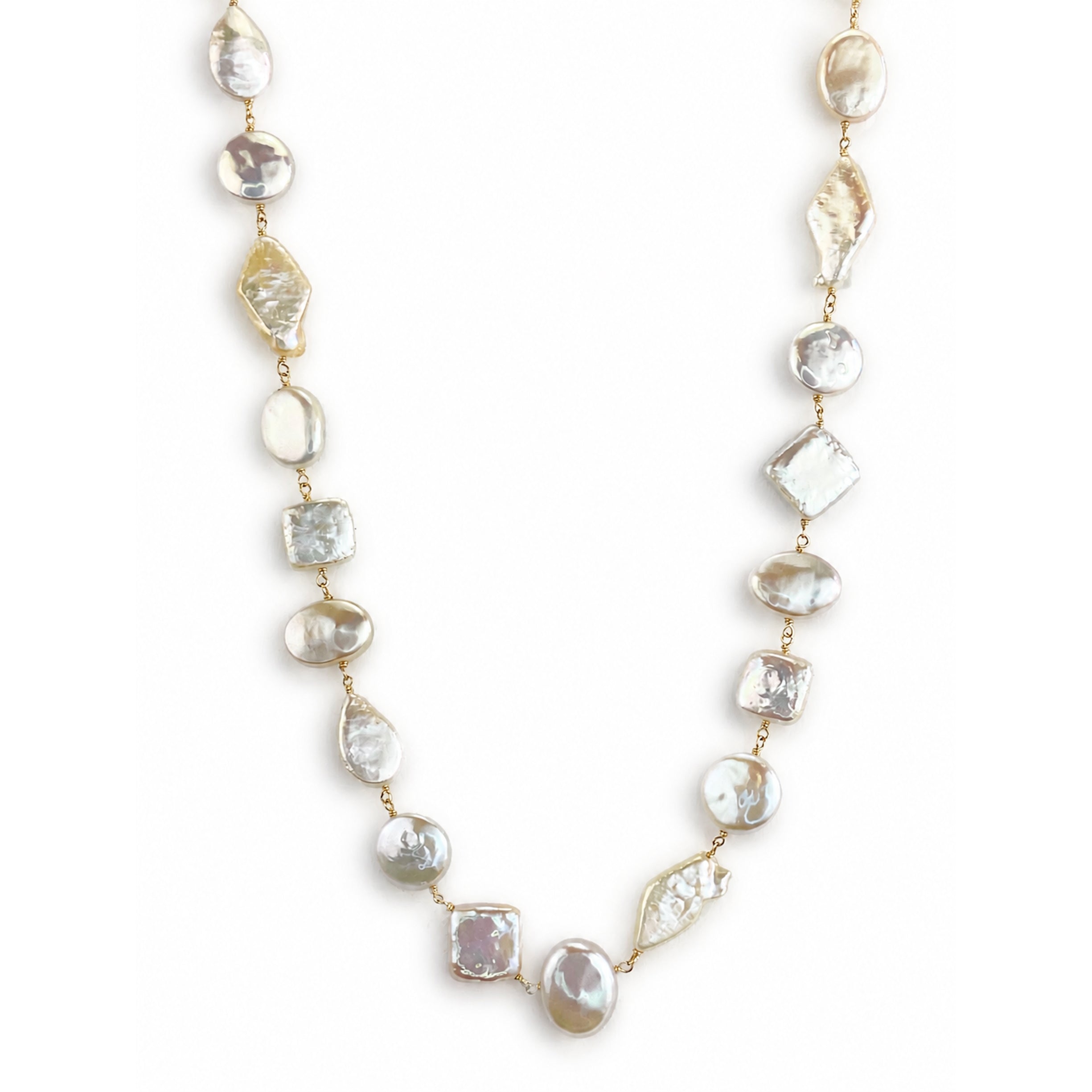 14k White Pearl Mixed Shape Link Necklace