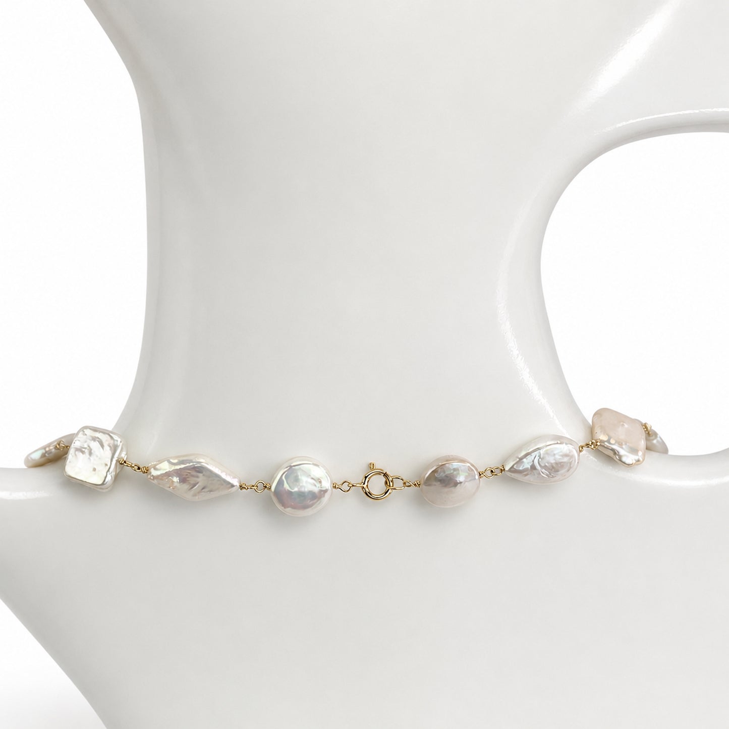 14k White Pearl Mixed Shape Link Necklace