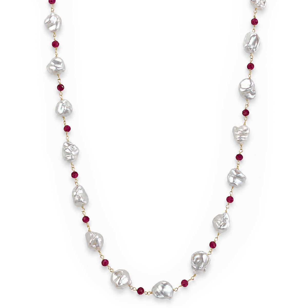 14k White Keshi Nugget Dyed Emerald or Dyed Ruby 1x1 Link Necklace