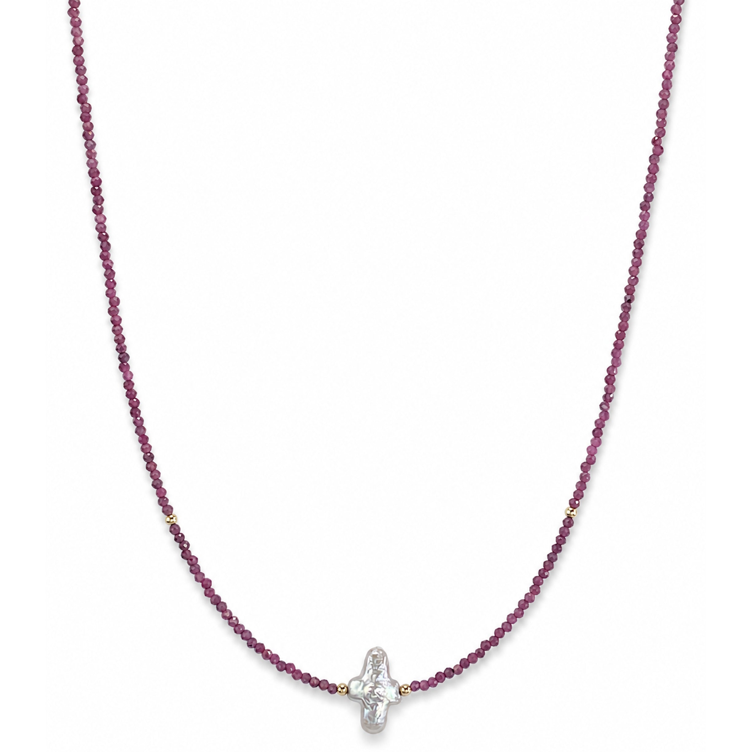 14k Dyed Ruby Pearl Cross Center Necklace