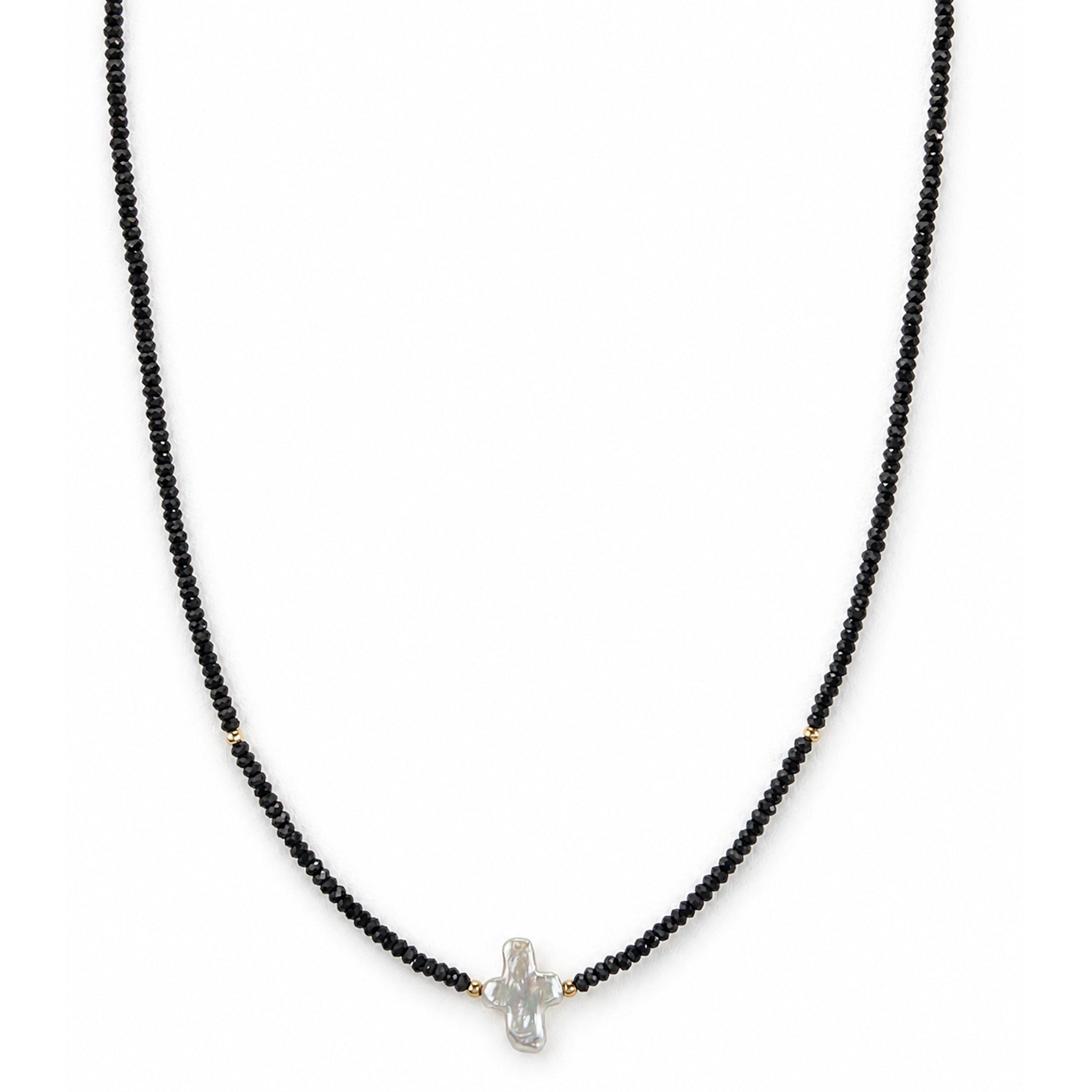 14k Black Spinel Pearl Cross Center Necklace
