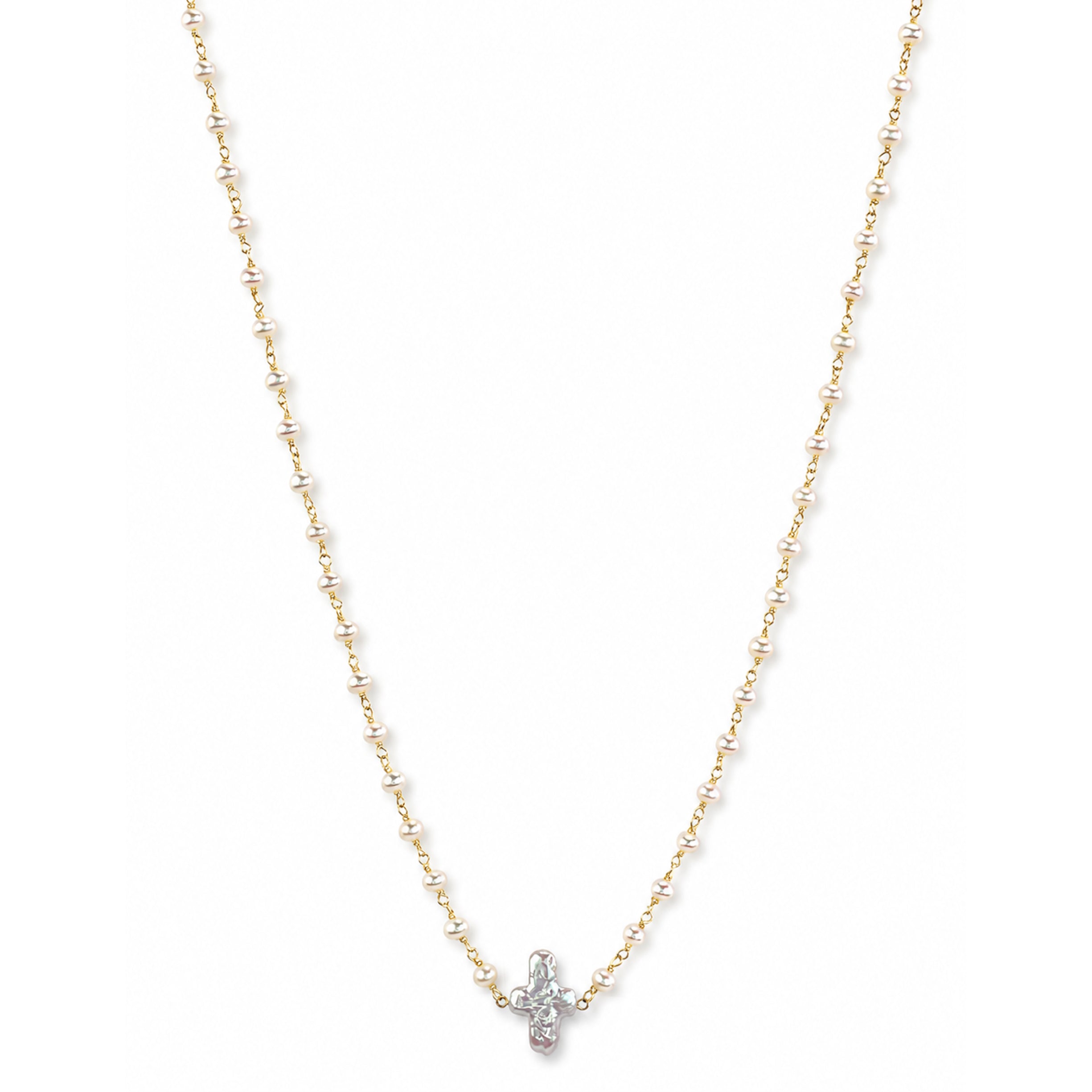 14k White Pearl Cross Center Link Necklace