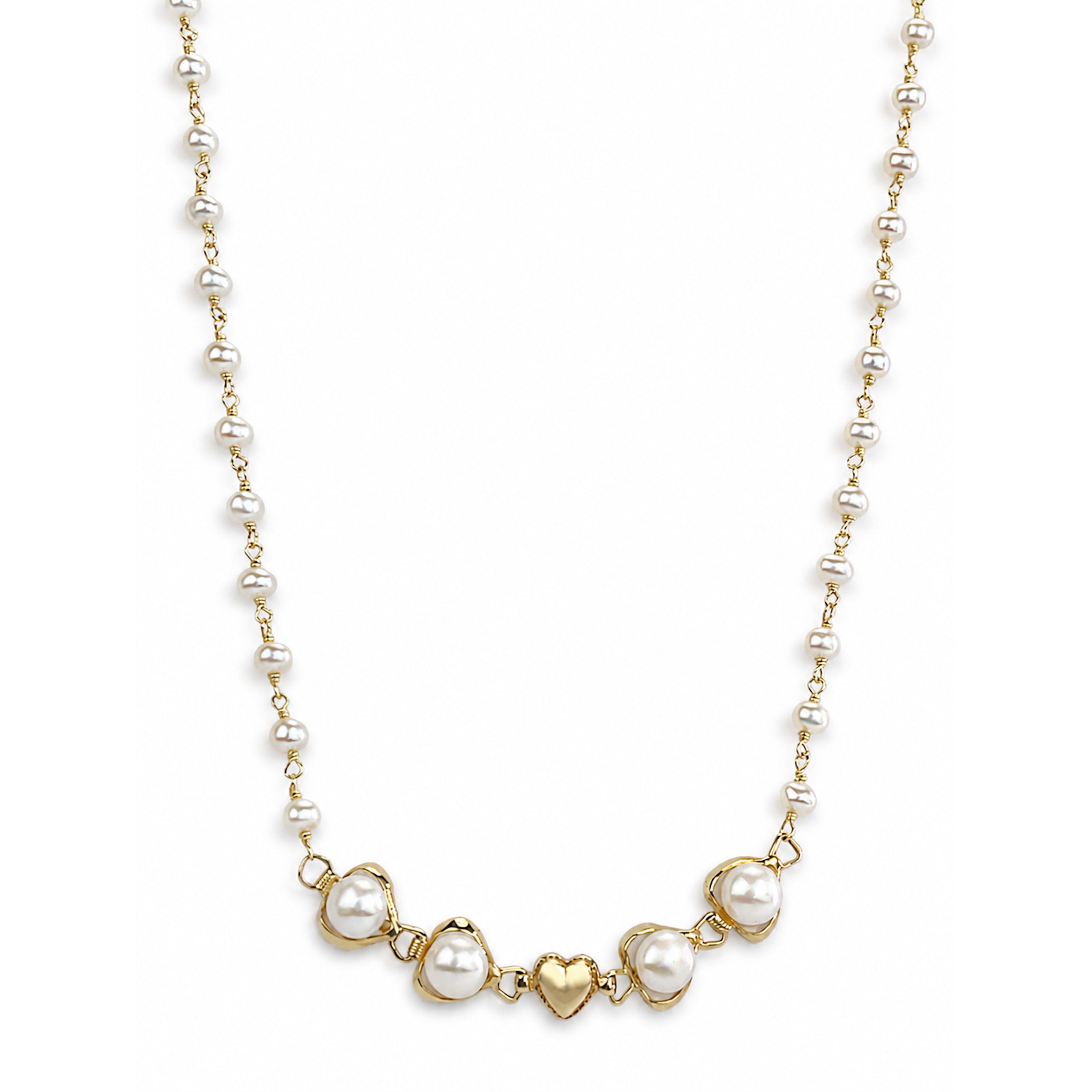 14k White Pearl Heart Shape Center Link Necklace