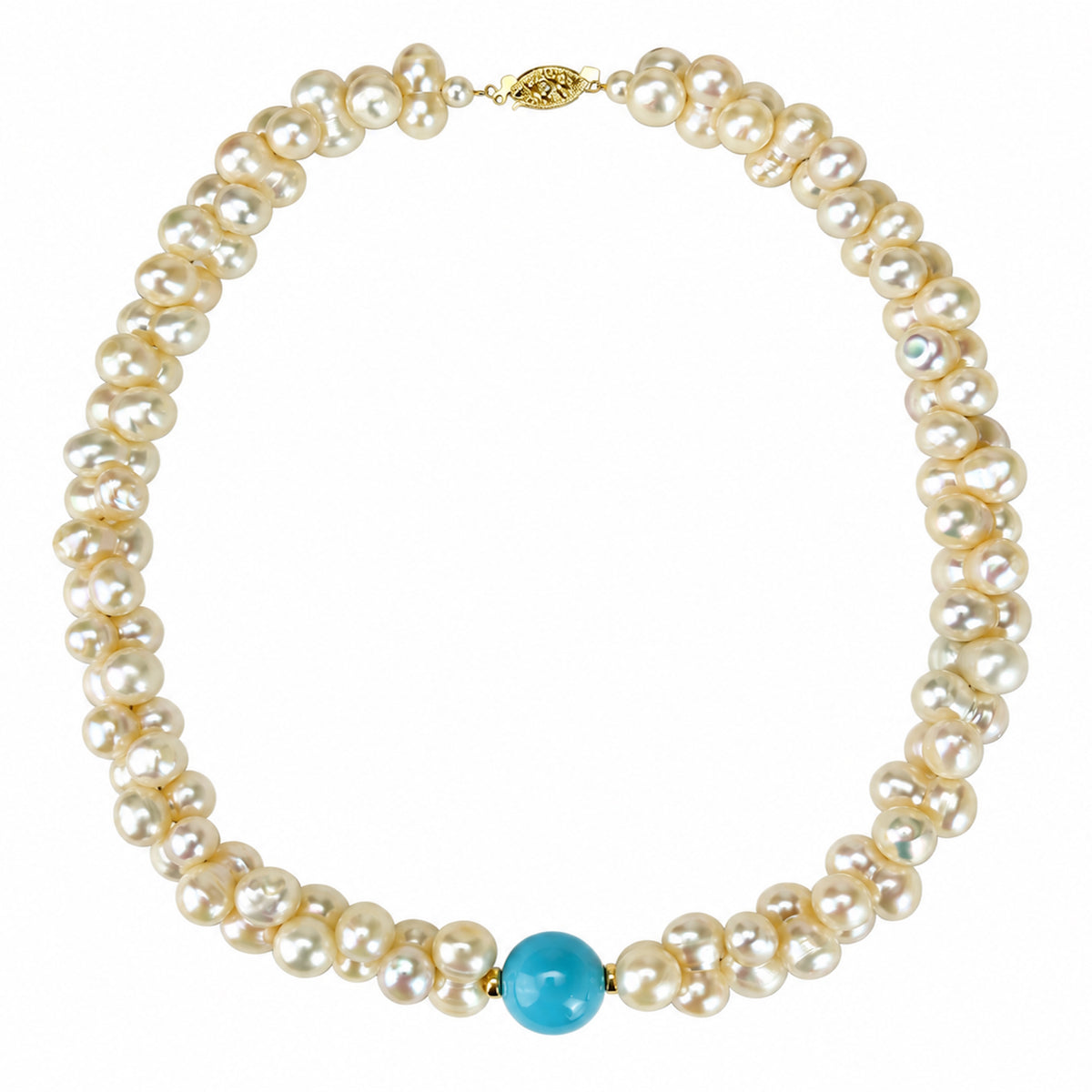 14k Peanut Freshwater Pearl Choker with Shell MOP Turquoise/Chalcedony 16"