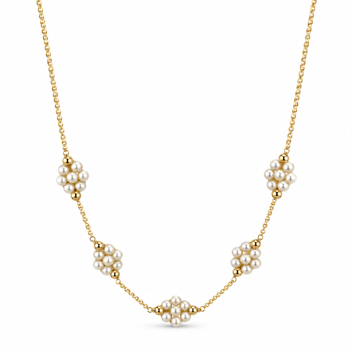 14k Multi Gemstones White Pearl 5 Flower Station Necklace
