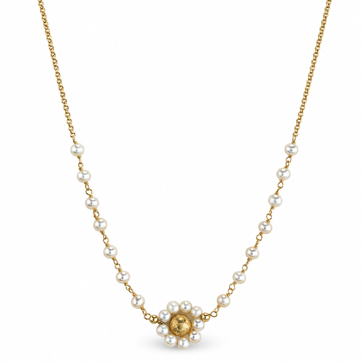 14k White Pearl Multi Gemstone Pearl Flower Center Link Front Necklace