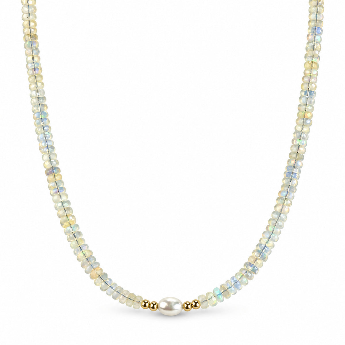 14k Multi Gemstones White Pearl 4 Gold Ball Center Necklace