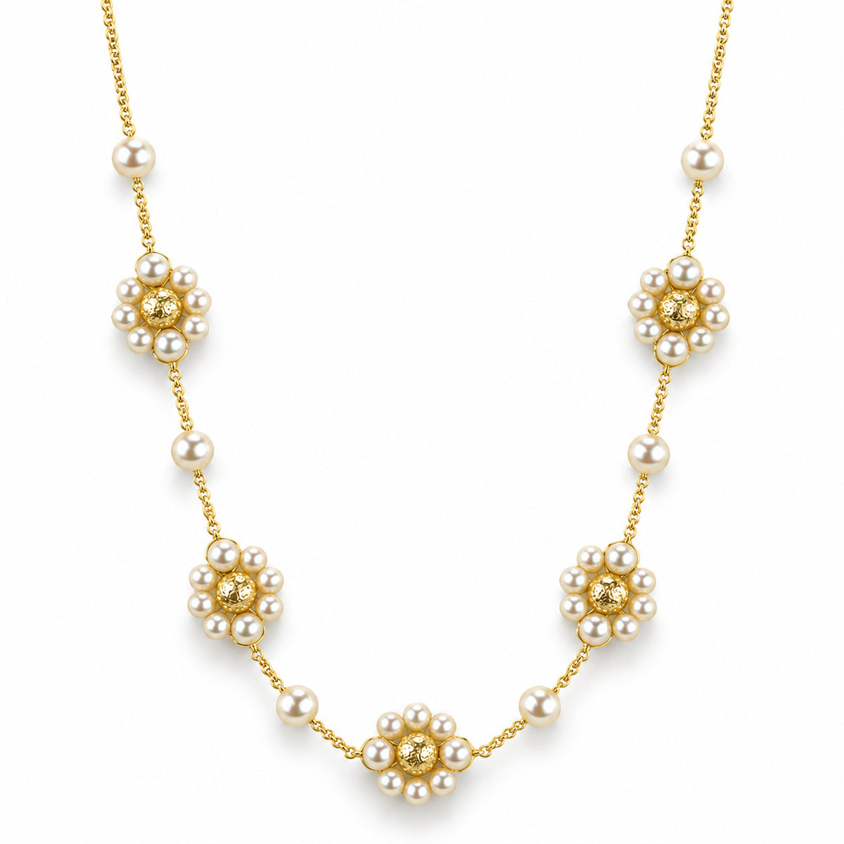 14k White Pearl 5 Flower Station Necklace