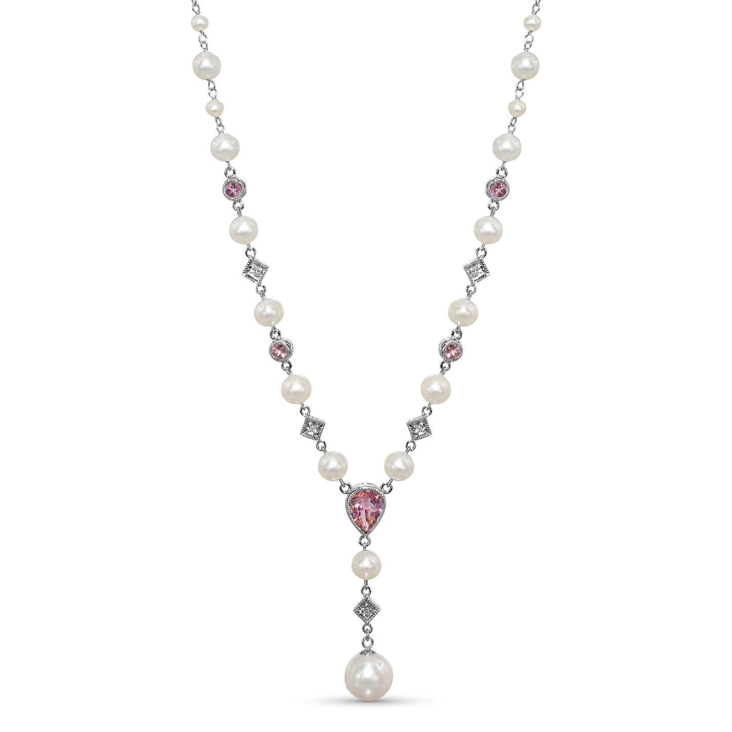 14k White Gold Diamond Pink Tourmaline Fresh Water Pearl Y Necklace