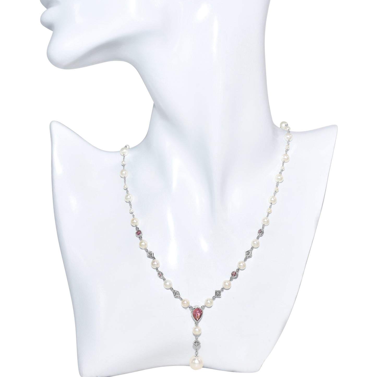 14k White Gold Diamond Pink Tourmaline Fresh Water Pearl Y Necklace