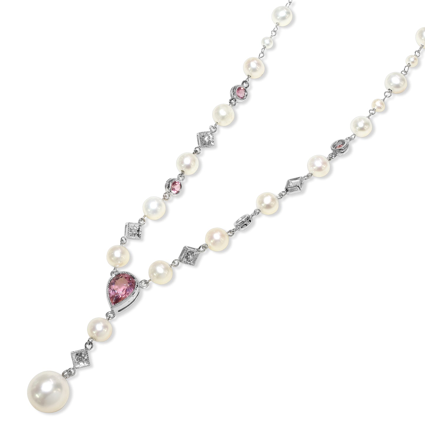14k White Gold Diamond Pink Tourmaline Fresh Water Pearl Y Necklace