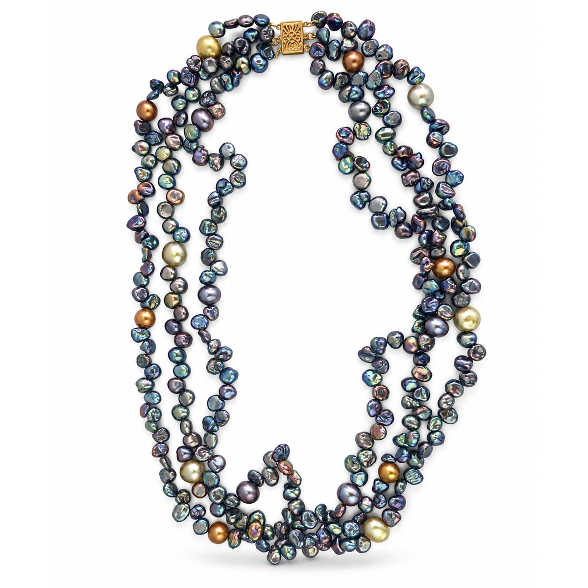 14k Black Keshi & Gold Freshwater Pearls Torsade Necklace 3 Round