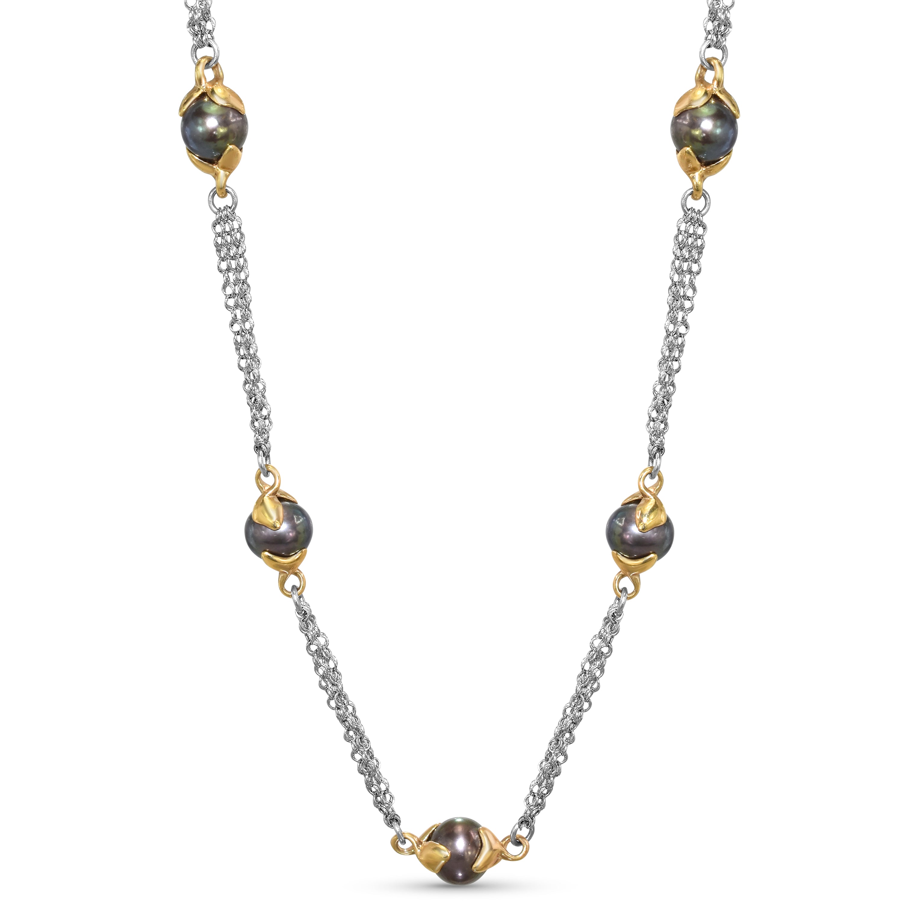 14k White Gold Black Fresh Water Pearl 3 Row Chain Necklace