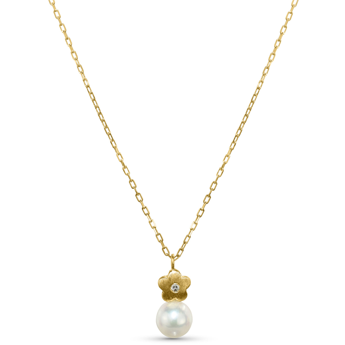 14k Flower Cultured Pearl Diamond Cable Chain necklace