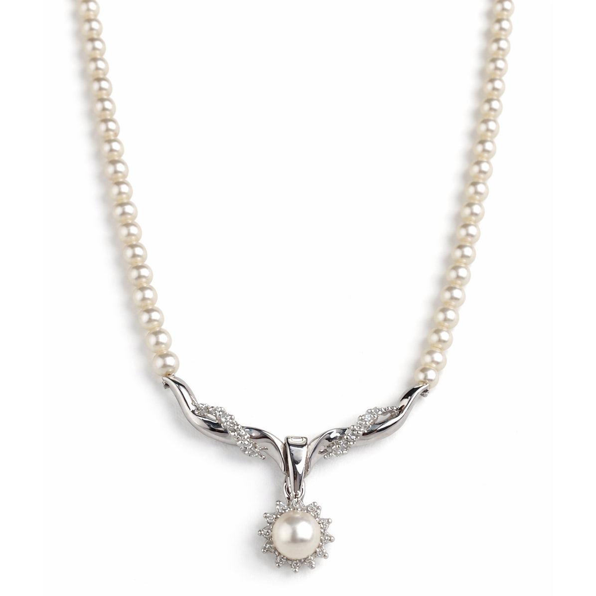 14k White Gold White Pearl & Diamond Motif Necklace