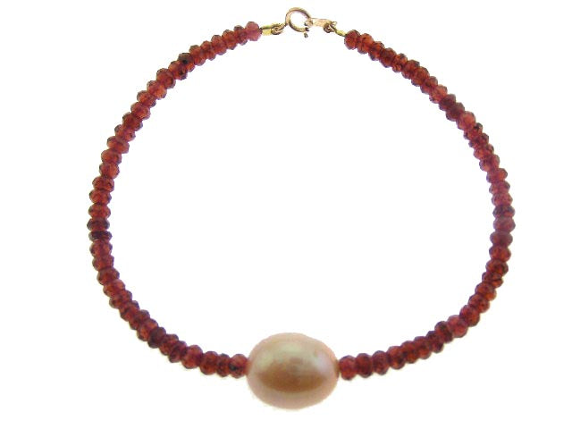 14k Garnet Pink Freshwater Pearl Bracelet 6.5''