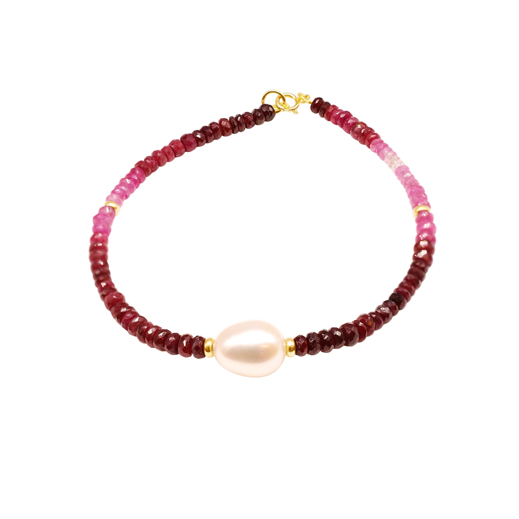 14k Ruby Freshwater White Pearl Bracelet 6.5''