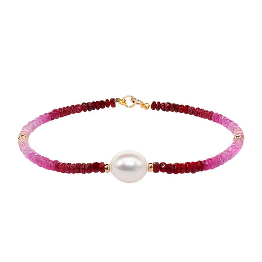 14k Ruby Freshwater White Pearl Bracelet 6.5''