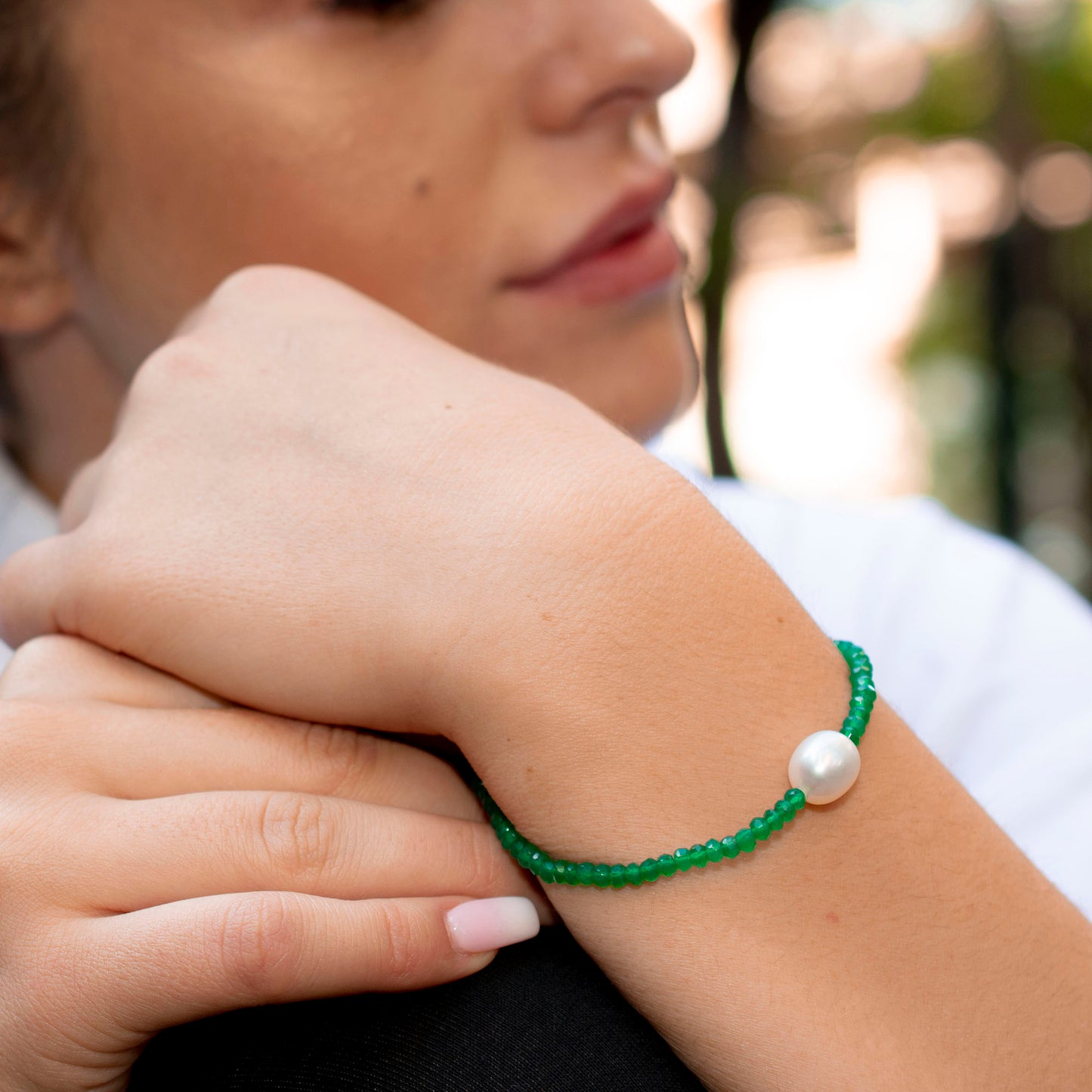 14k Gemstones with White Freshwater Pearl Bracelet