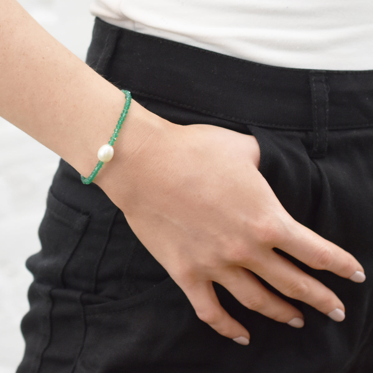 14k Gemstones with White Freshwater Pearl Bracelet