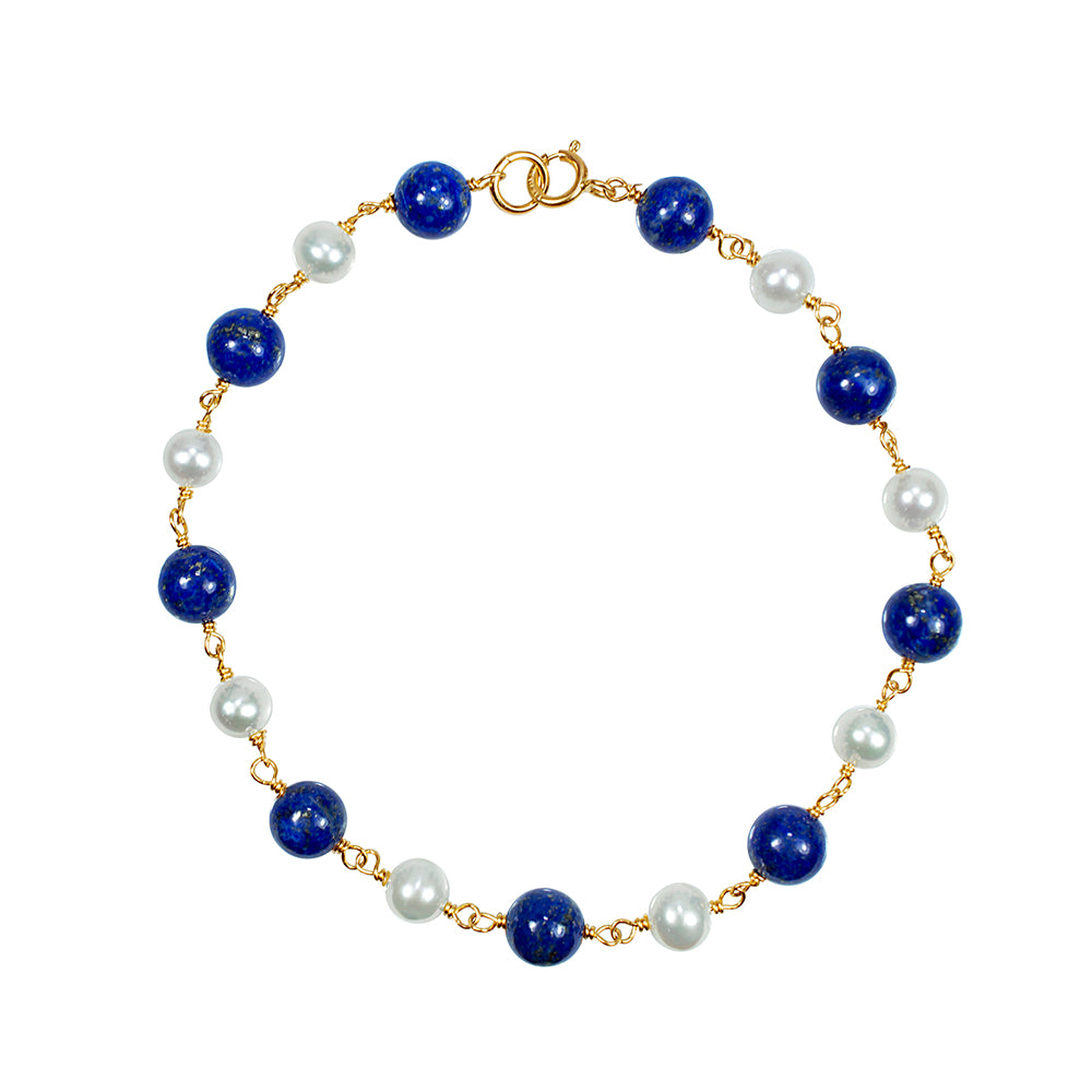 14k White Freshwater Pearl Lapis Link Bracelet 6-8" 6''