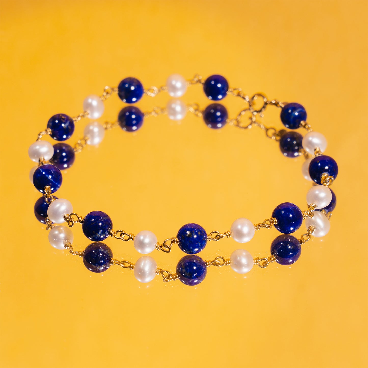 14k White Freshwater Pearl Lapis Link Bracelet 6-8" 6''