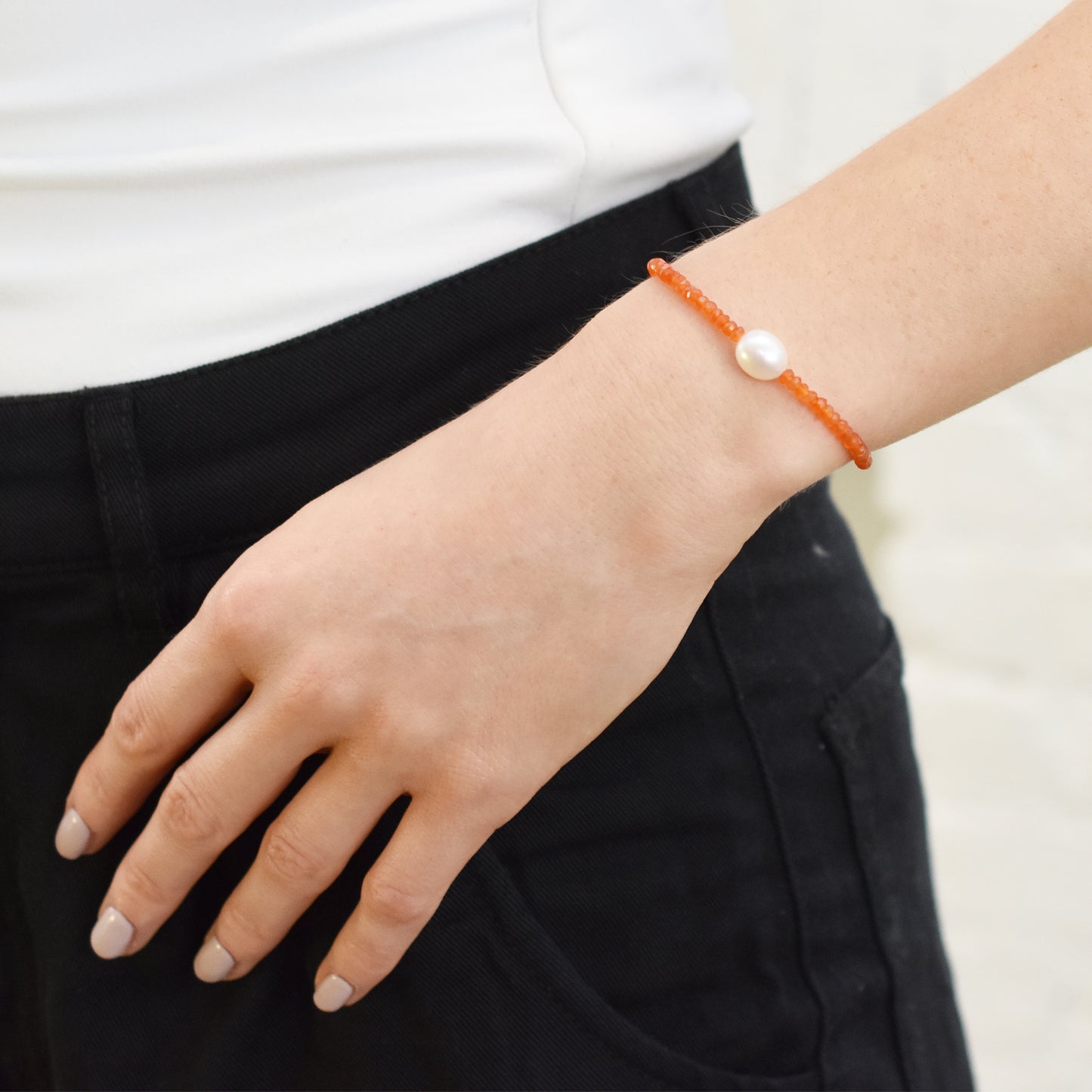 14k Gemstones with White Freshwater Pearl Bracelet