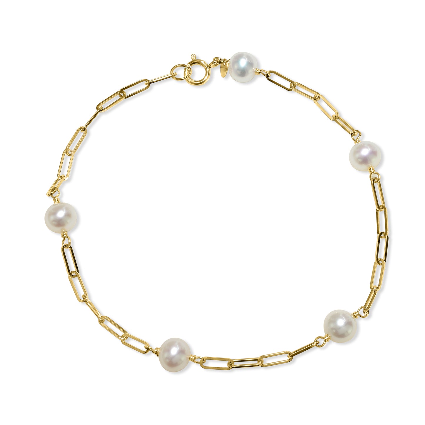 14k White Pearl 5 Station Paperclip Bracelet