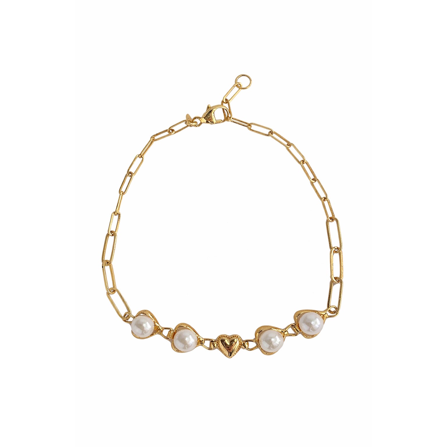14k White Pearl Heart Center Paperclip Bracelet 7.5"