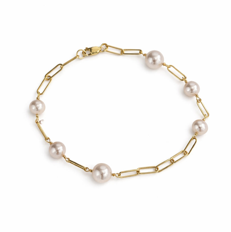 14k Graduated White Pearl Link Paperclip Bracelet