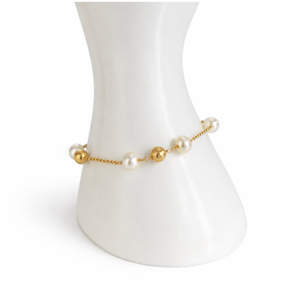 14k White Pearl Glitter Gold Ball Station Bracelet