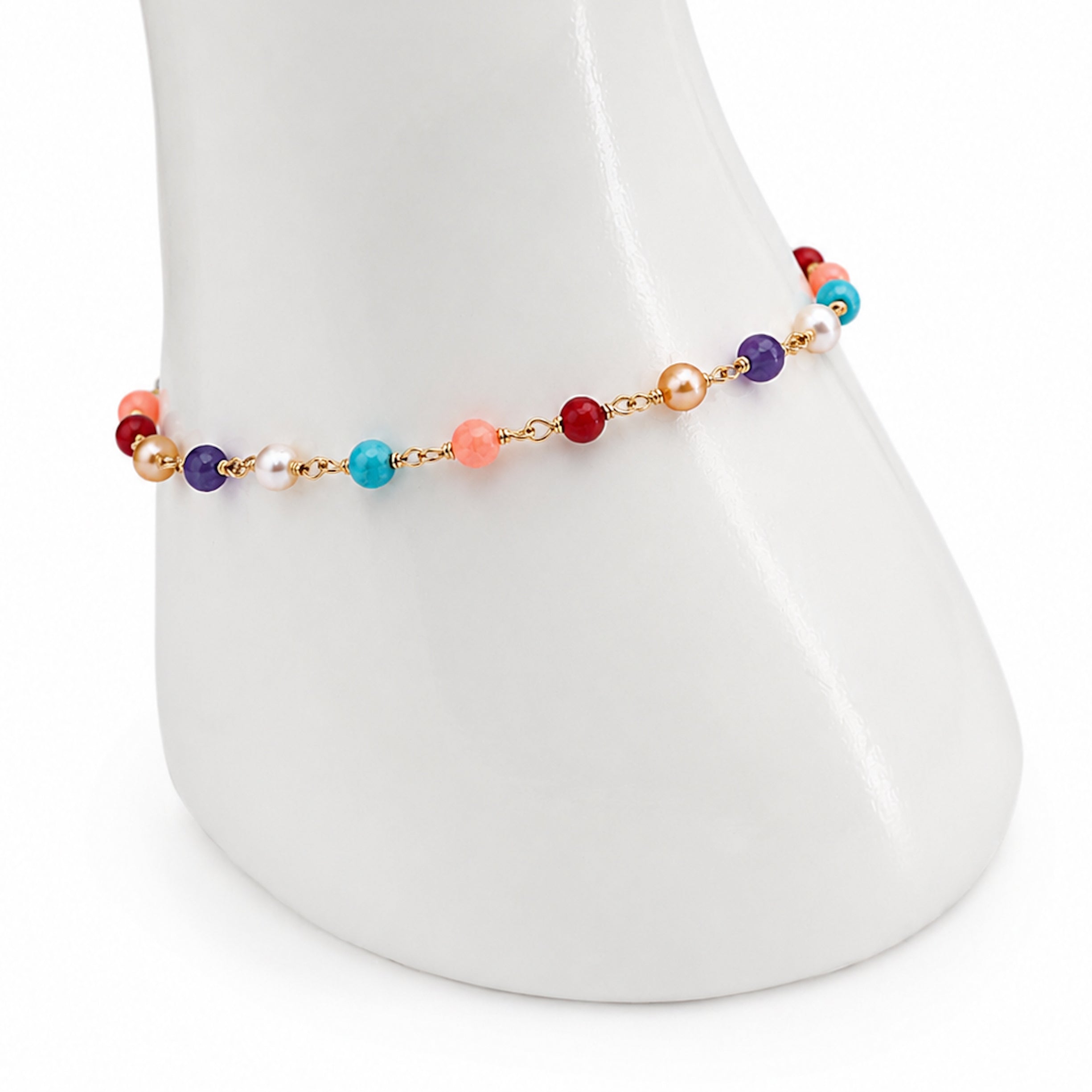 14k Multi Gemstone Pearl Link Bracelet