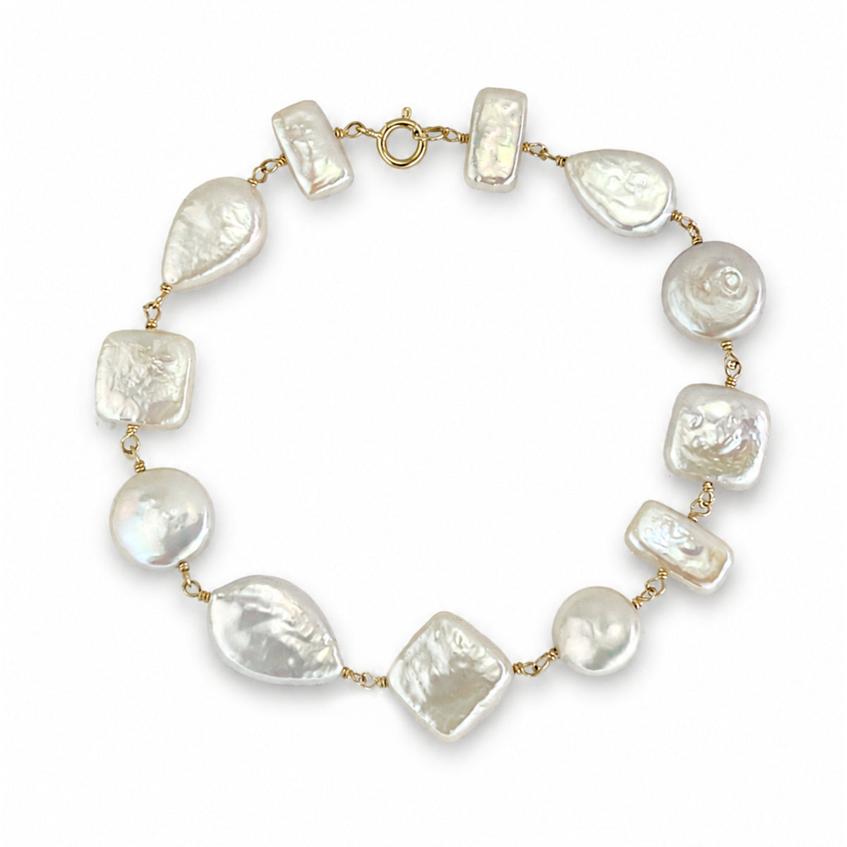 14k White Pearl Mixed Shape Link Bracelet