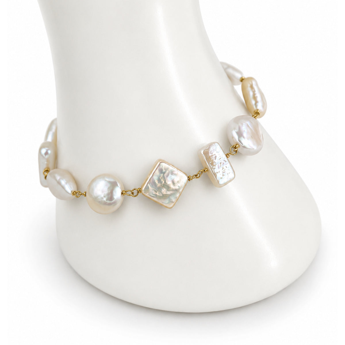 14k White Pearl Mixed Shape Link Bracelet