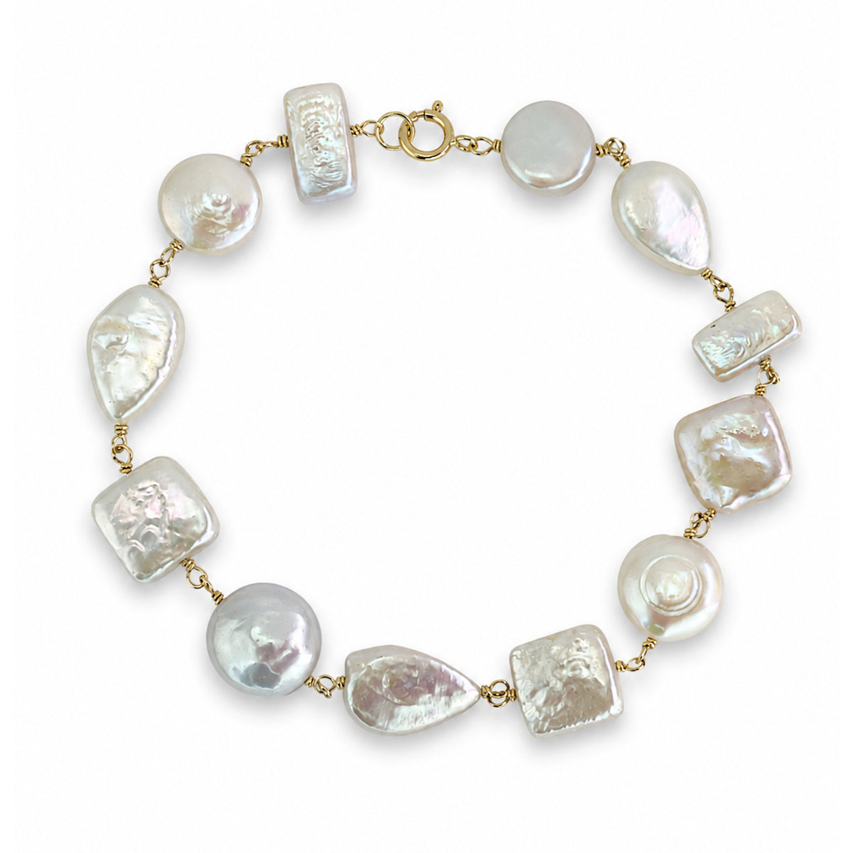 14k White Pearl Mixed Shape Link Bracelet