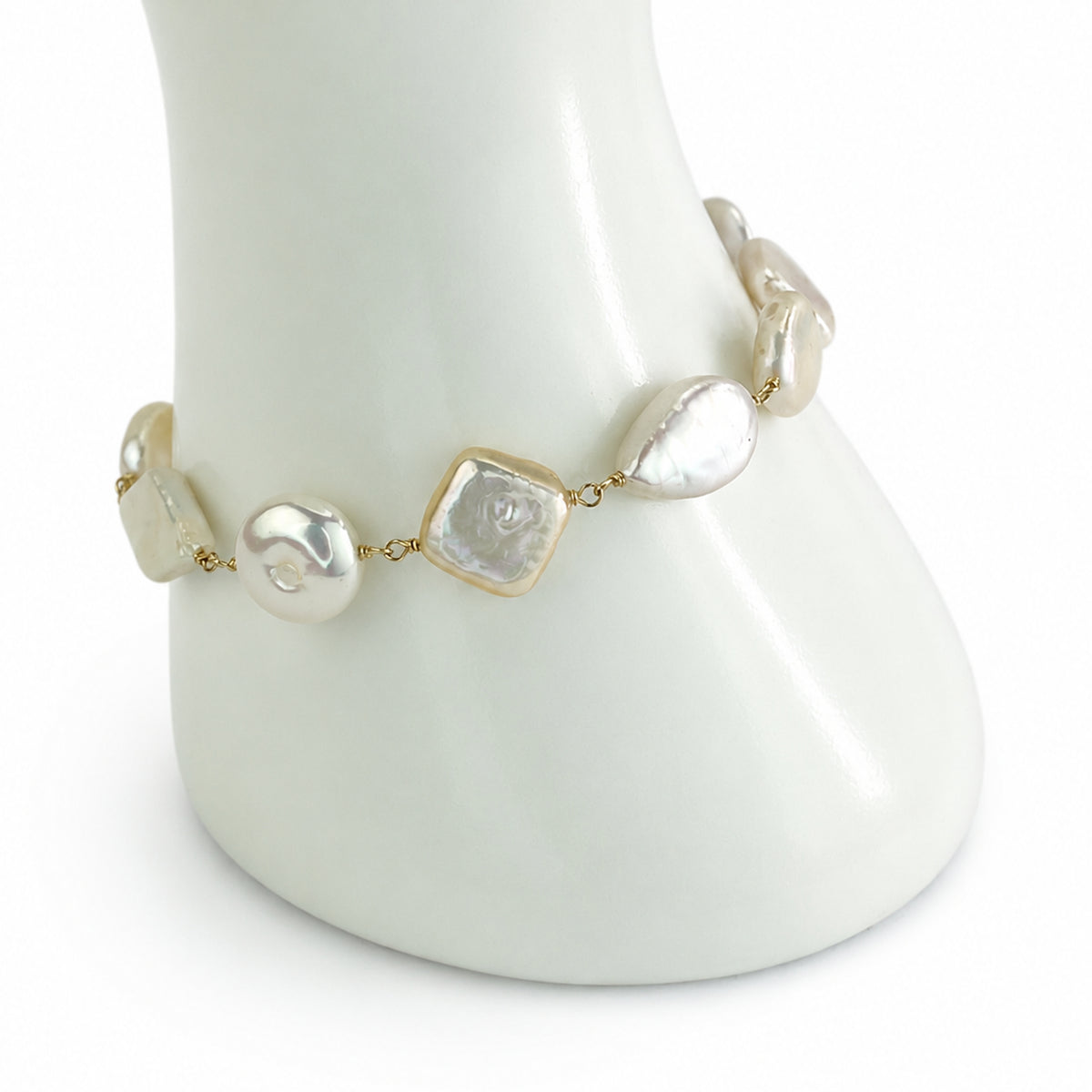 14k White Pearl Mixed Shape Link Bracelet