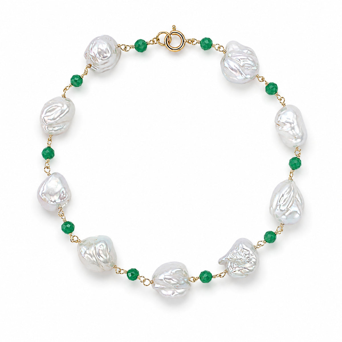 14k White Keshi Nugget Dyed Emerald 1x1 Link Bracelet