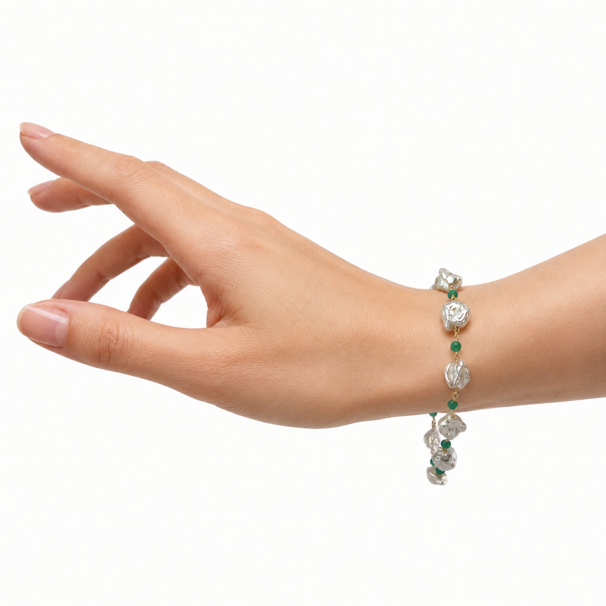 14k White Keshi Nugget Dyed Emerald 1x1 Link Bracelet