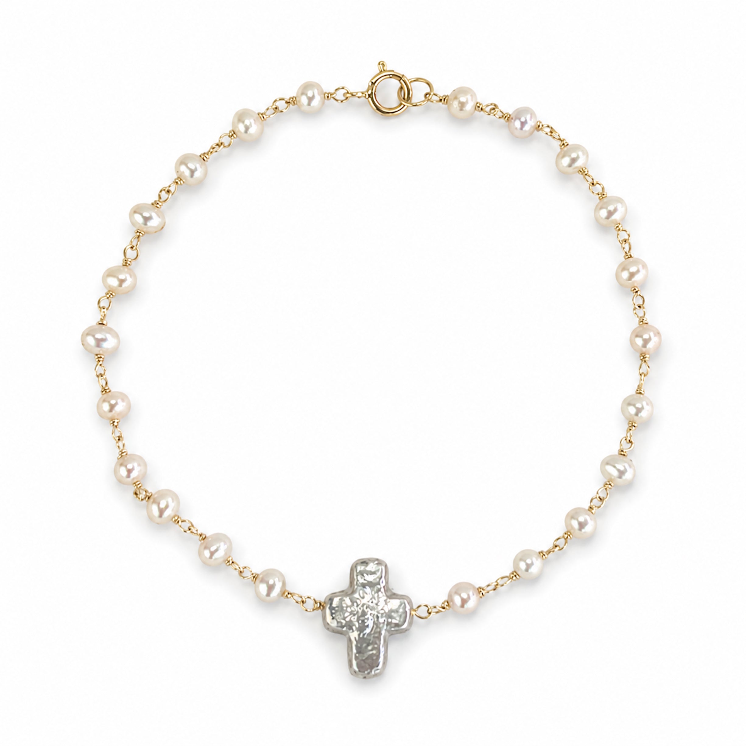 14k White Pearl Cross Center Link Bracelet