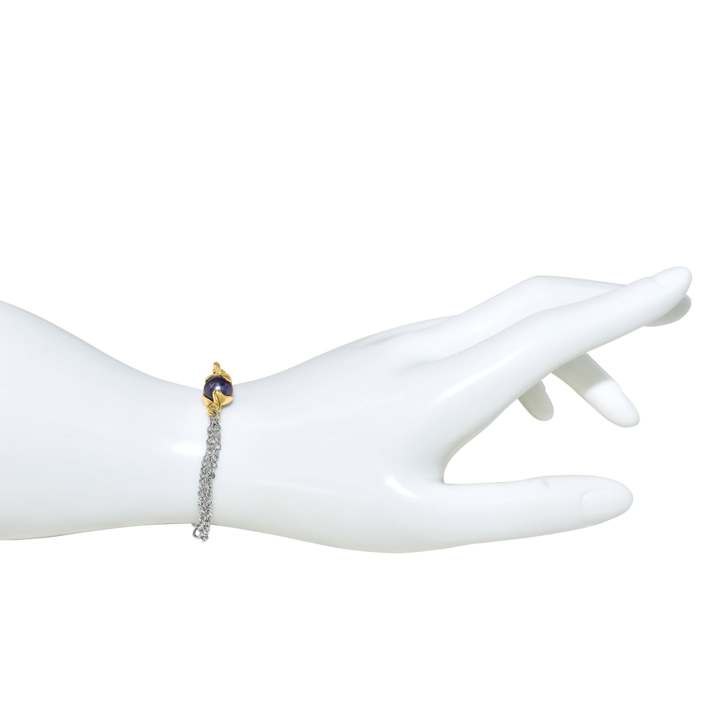 14k White & Yellow Gold Black Freshwater Pearl 3 Row Chain Bracelet 8"