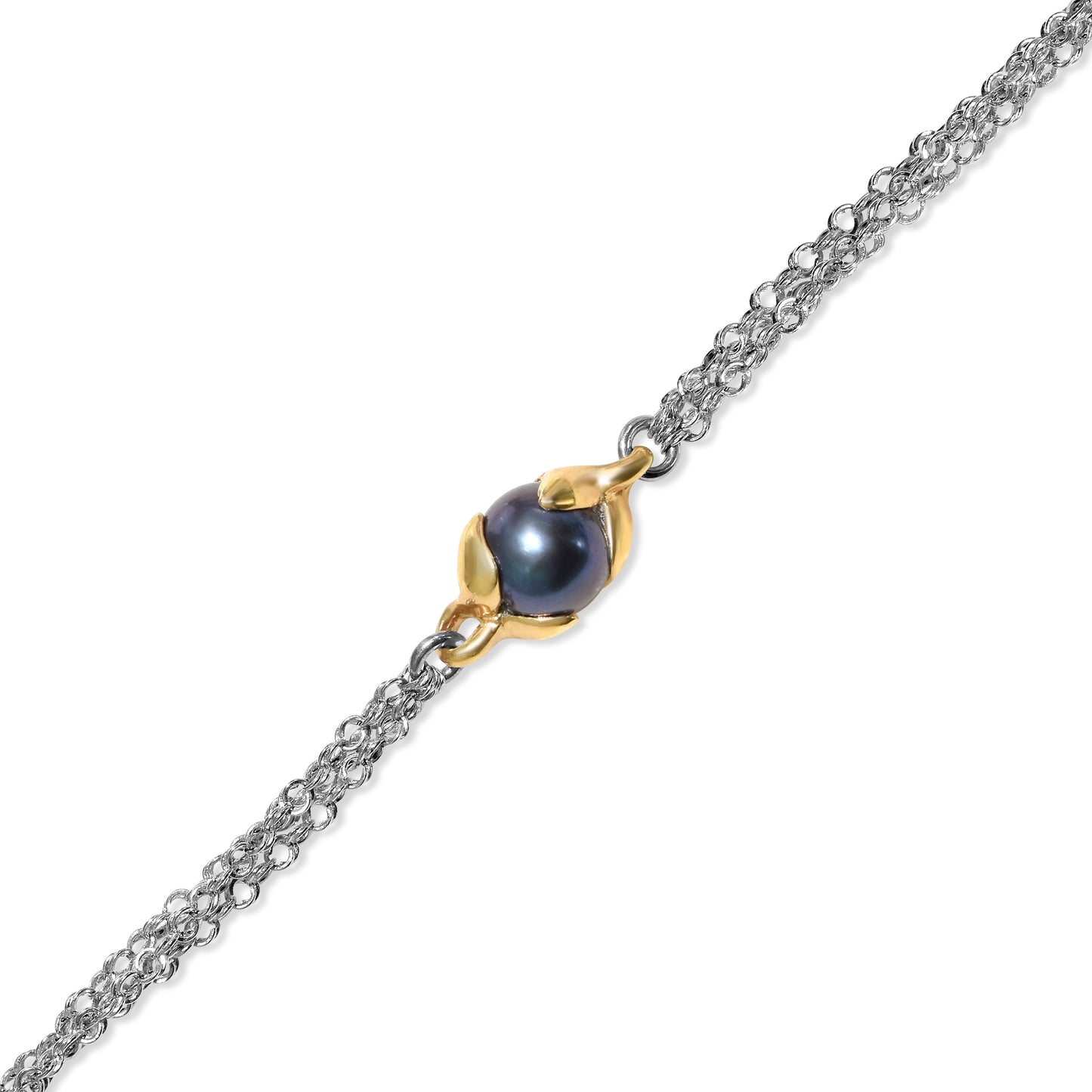 14k White & Yellow Gold Black Freshwater Pearl 3 Row Chain Bracelet 8"