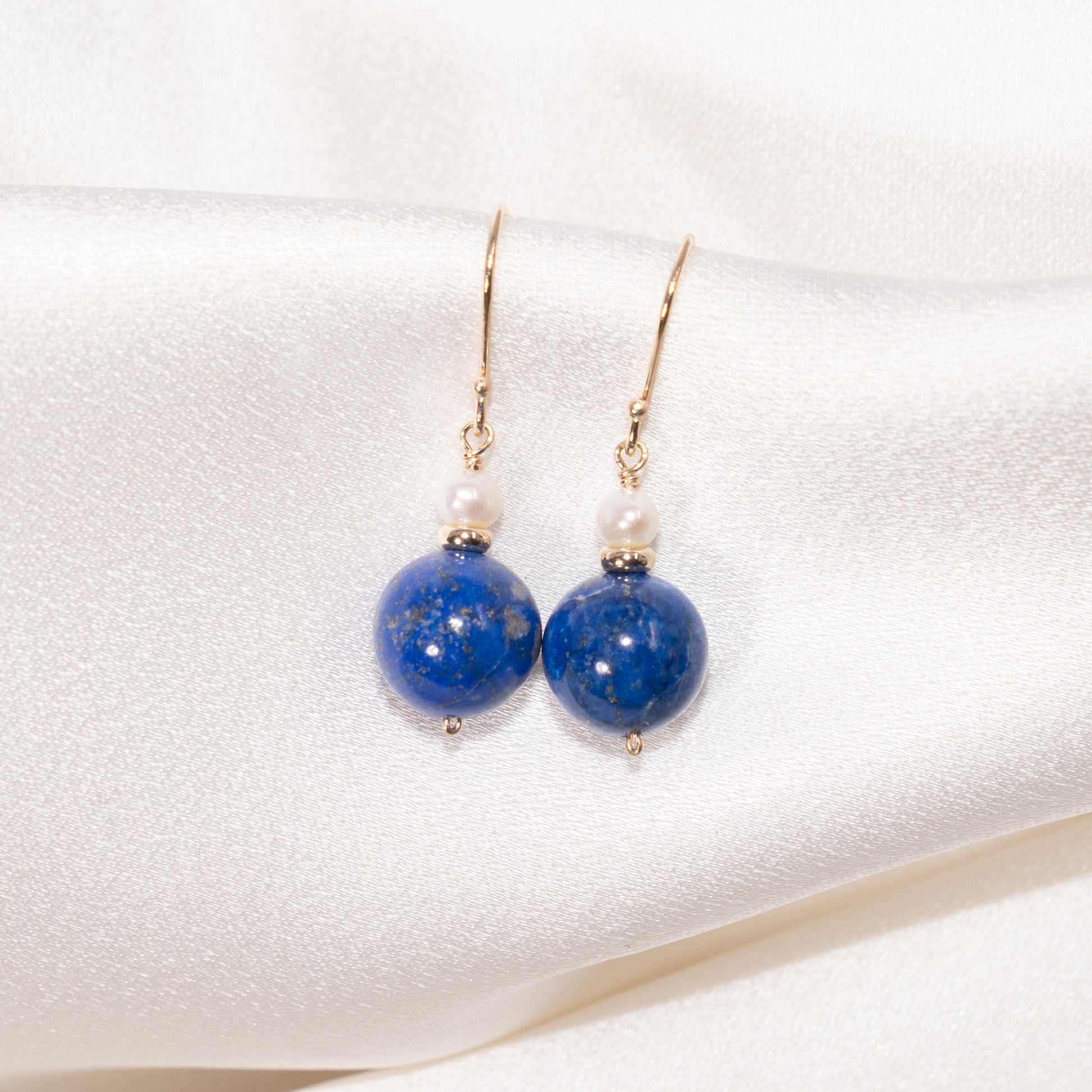 14k White Freshwater Pearl Lapis Drop Hook Earring