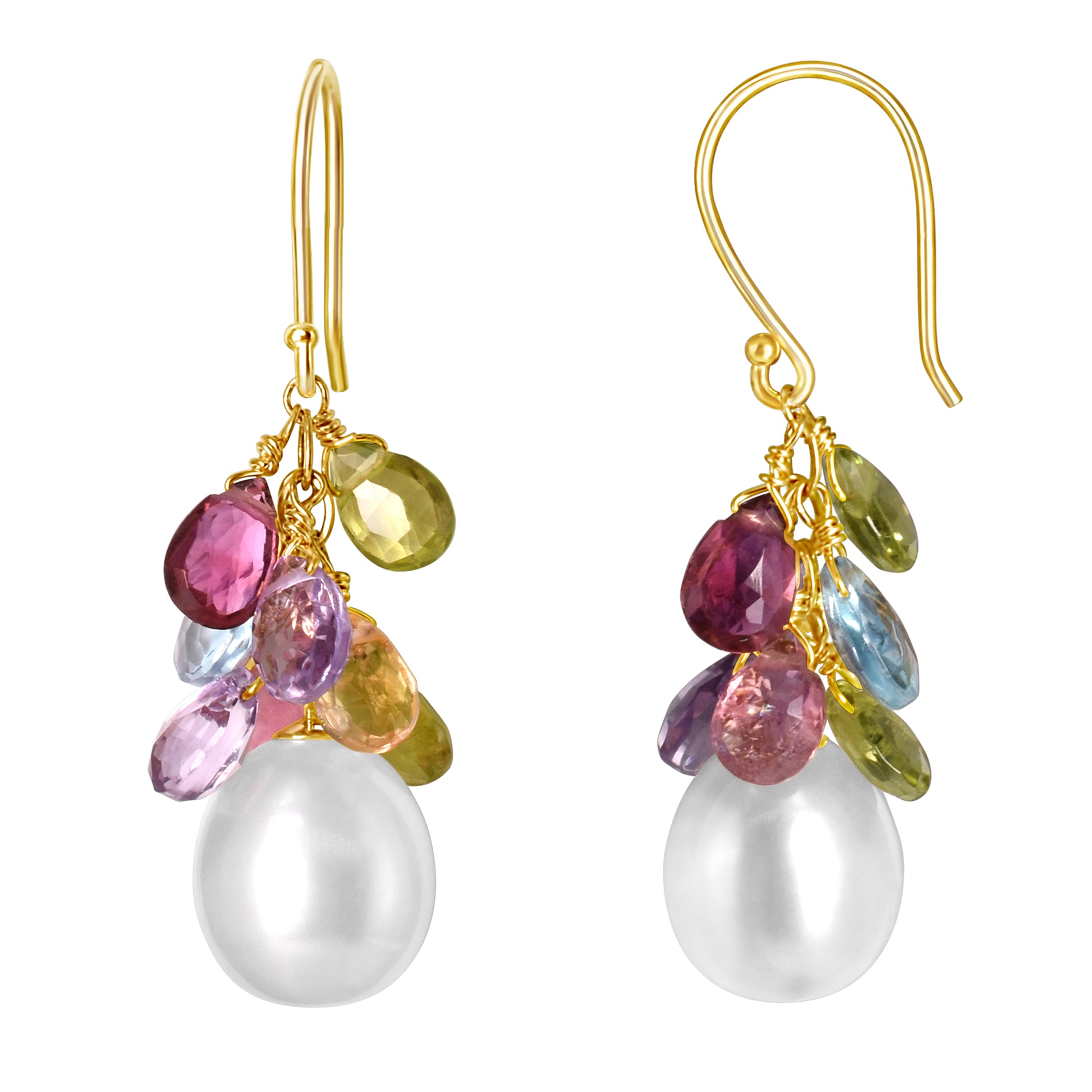 14k White Freshwater Pearl, Peridot, Blue Topaz, Pink Tourmaline, and Amethyst Dangle Earring Gold Fill Wire