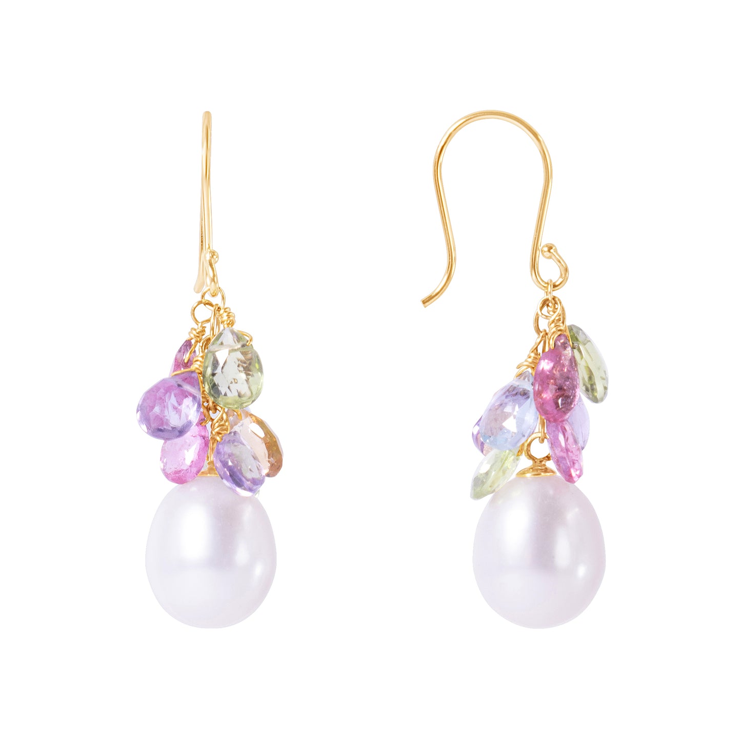 14k White Freshwater Pearl, Peridot, Blue Topaz, Pink Tourmaline, and Amethyst Dangle Earring Gold Fill Wire