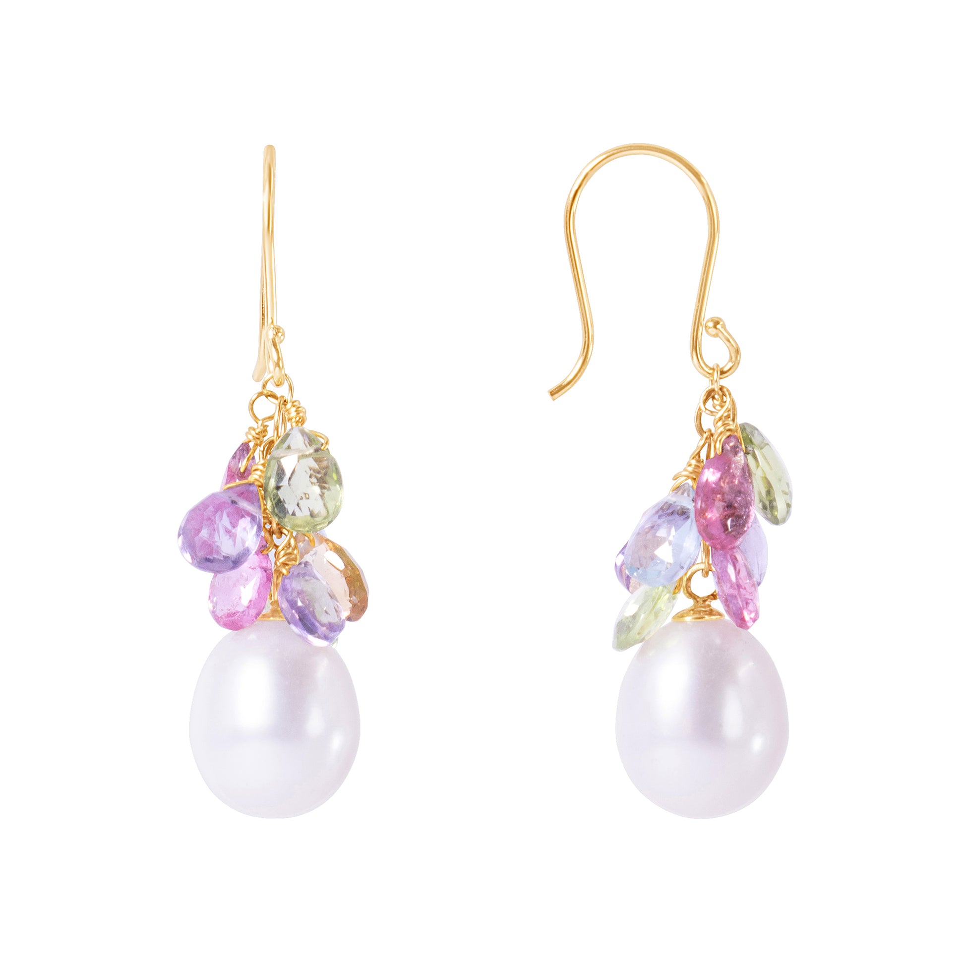 14k White Freshwater Pearl, Peridot, Blue Topaz, Pink Tourmaline, and Amethyst Dangle Earring Gold Fill Wire