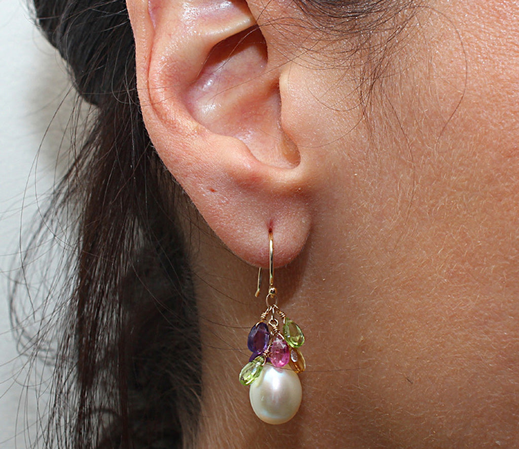 14k White Freshwater Pearl, Peridot, Blue Topaz, Pink Tourmaline, and Amethyst Dangle Earring Gold Fill Wire