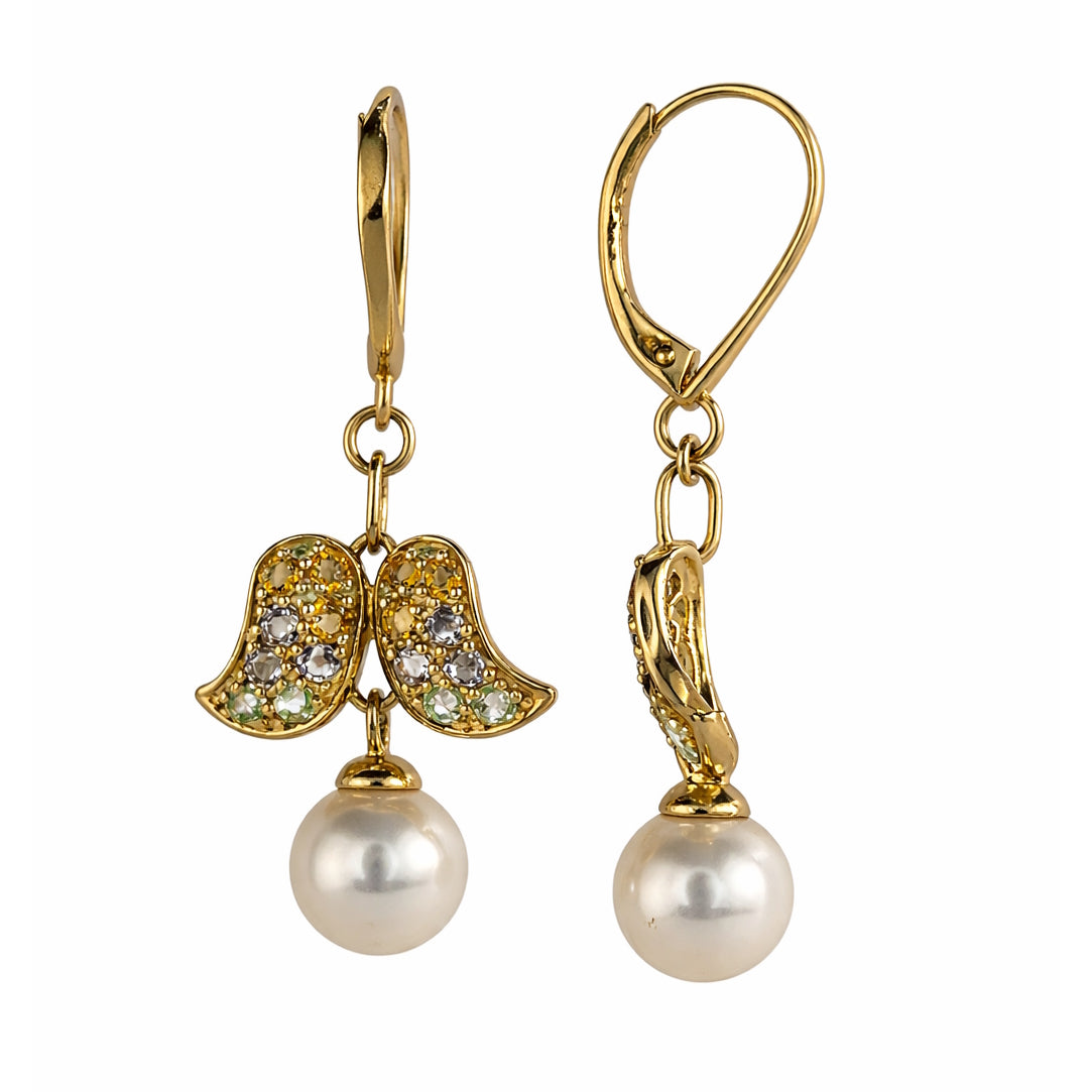 14k White Pearl & Multi Gemstone Round Leverback Earring