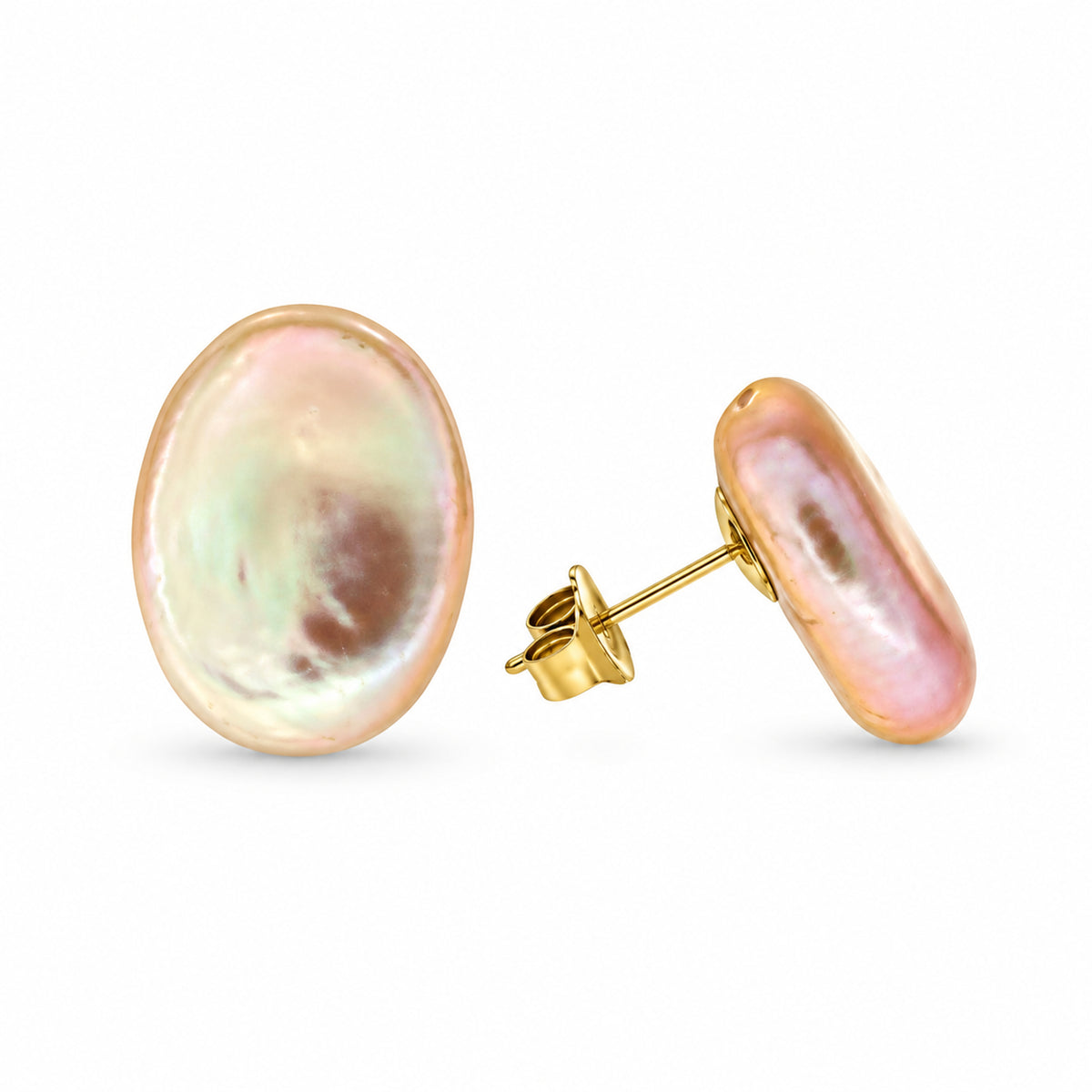 14k Coin Pearl Flat Oval Stud Earring