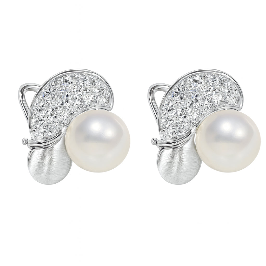 14k White Gold Fresh Water Pearl Diamond Ear Clips